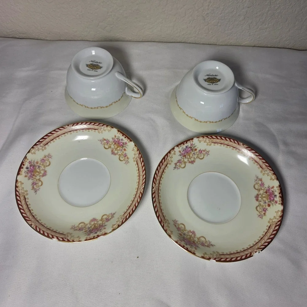 Noritake Vintage Teacup and Saucer Set of 2 Floral Gold Trim Cream Japan